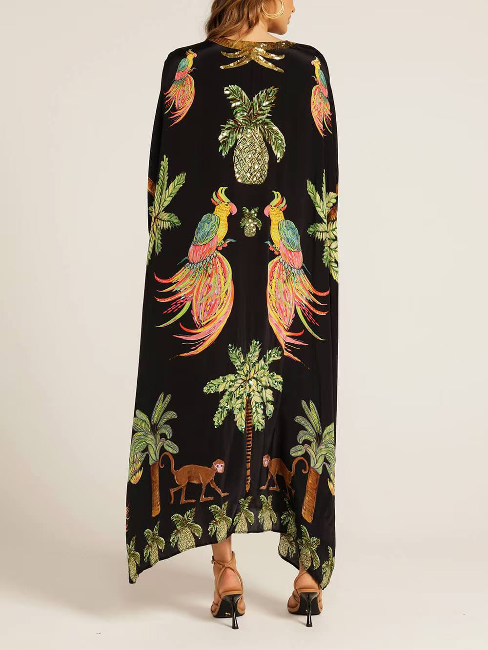 Women's Tropical Print V-Neck Maxi Dress with Relaxed Fit