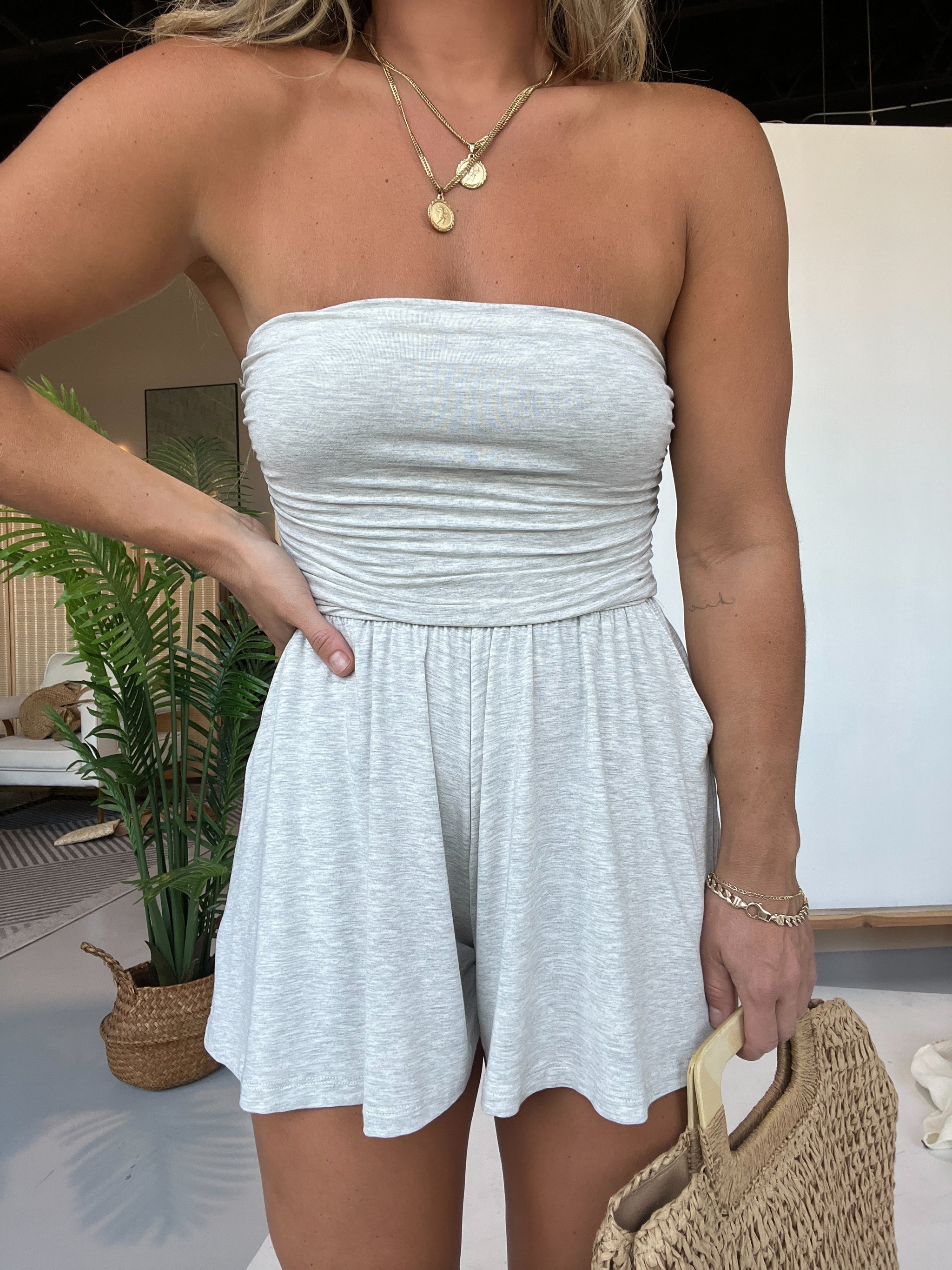 New Strapless Side Ruching Flowy Romper (Buy 2 Free Shipping)