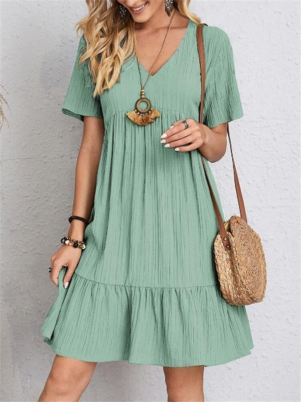 VintageMuse – Damen-Boho-Minikleid mit V-Ausschnitt und Rüschensaum