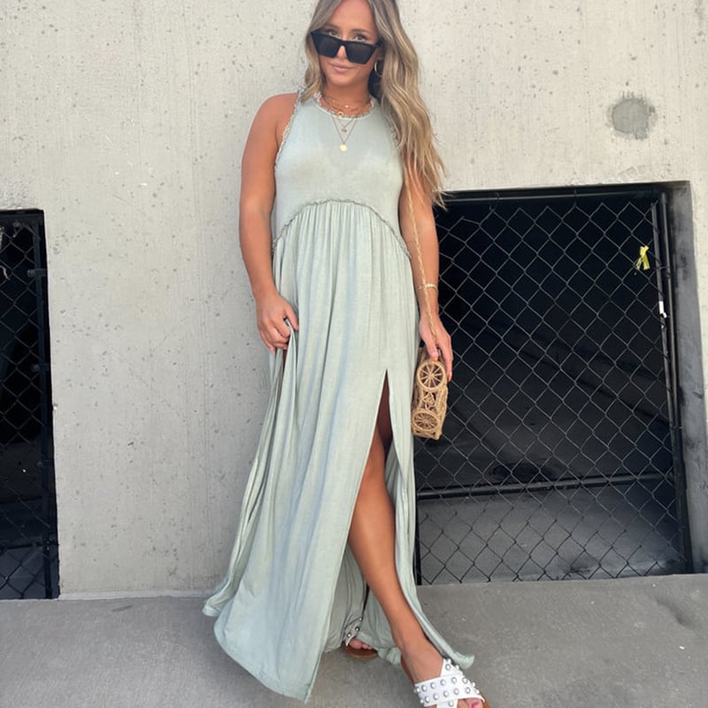 Women's Sleeveless Maxi Dress with Side Slit and Racerback
