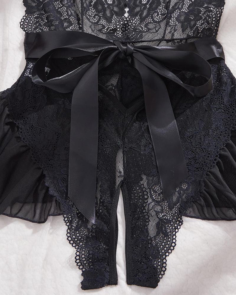 VeloraMist — Women's Lace Babydoll Lingerie with Halter Neck and Bow Detail