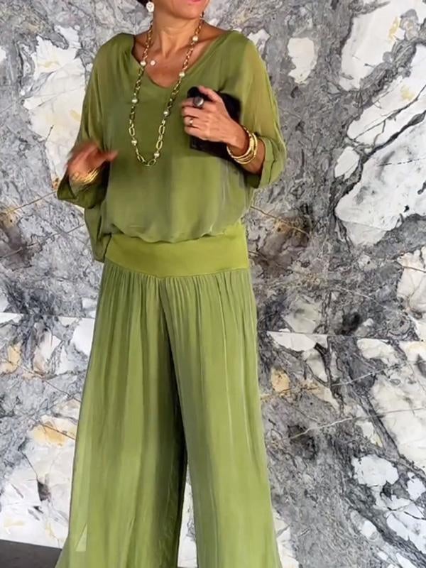 Elegant Chiffon Wide Leg Pants & V-Neck Two-Piece Set