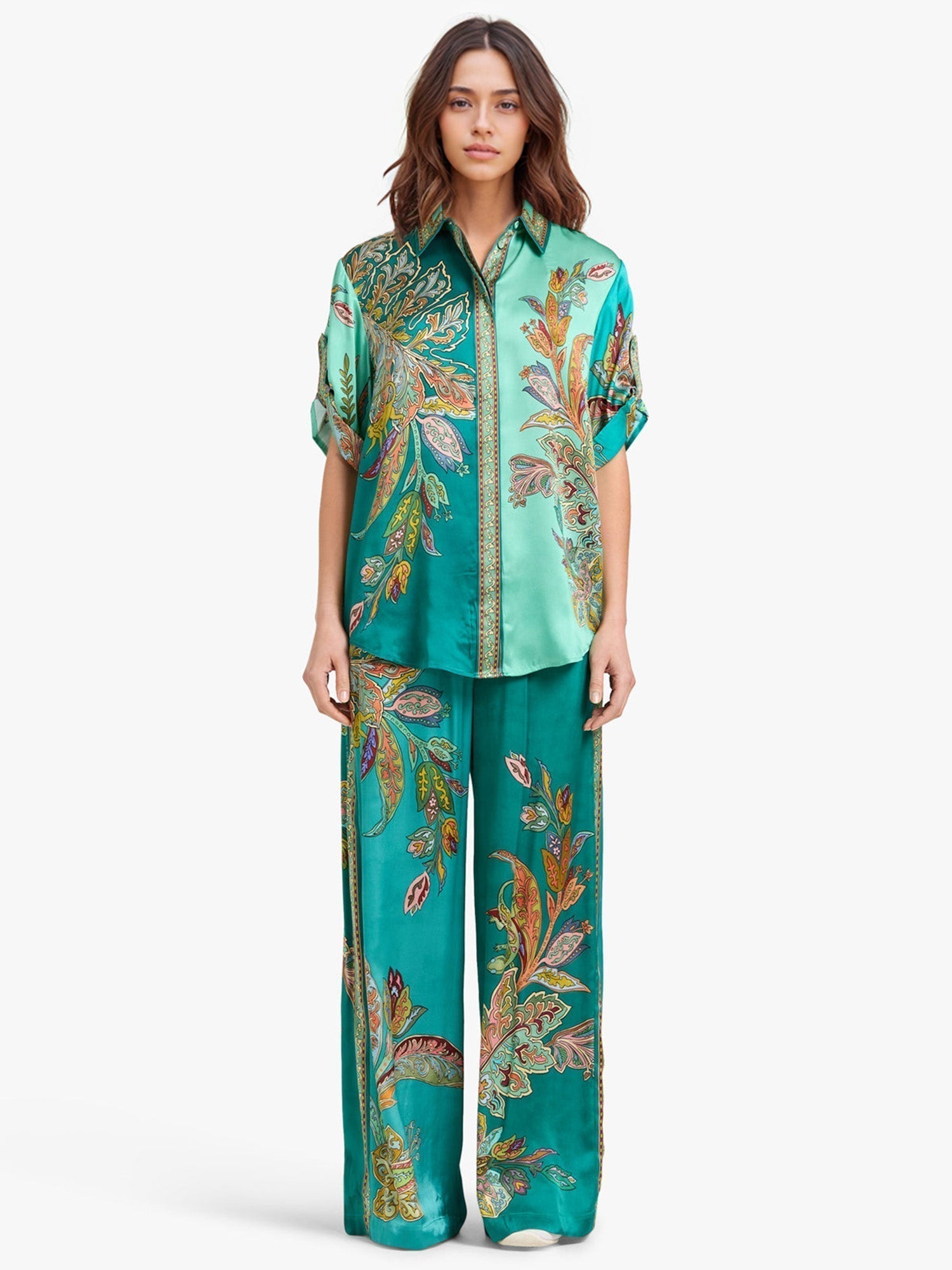 Eliza - Elegant Two-Piece Set, Paisley-Print Shirt and Wide-Leg Pants
