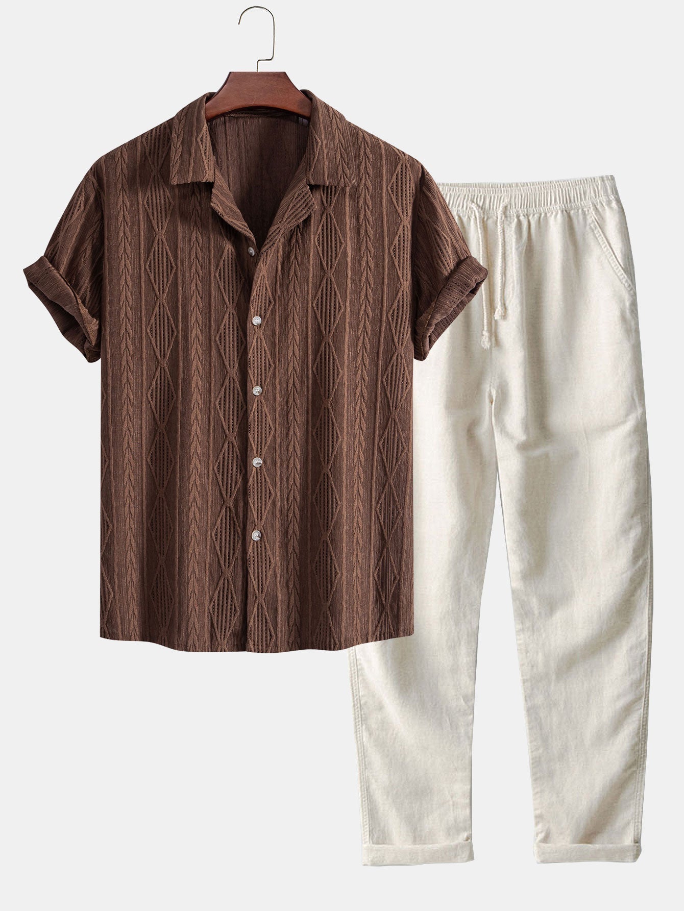 Men's Textured Short Sleeve Shirt & Casual Pants Set