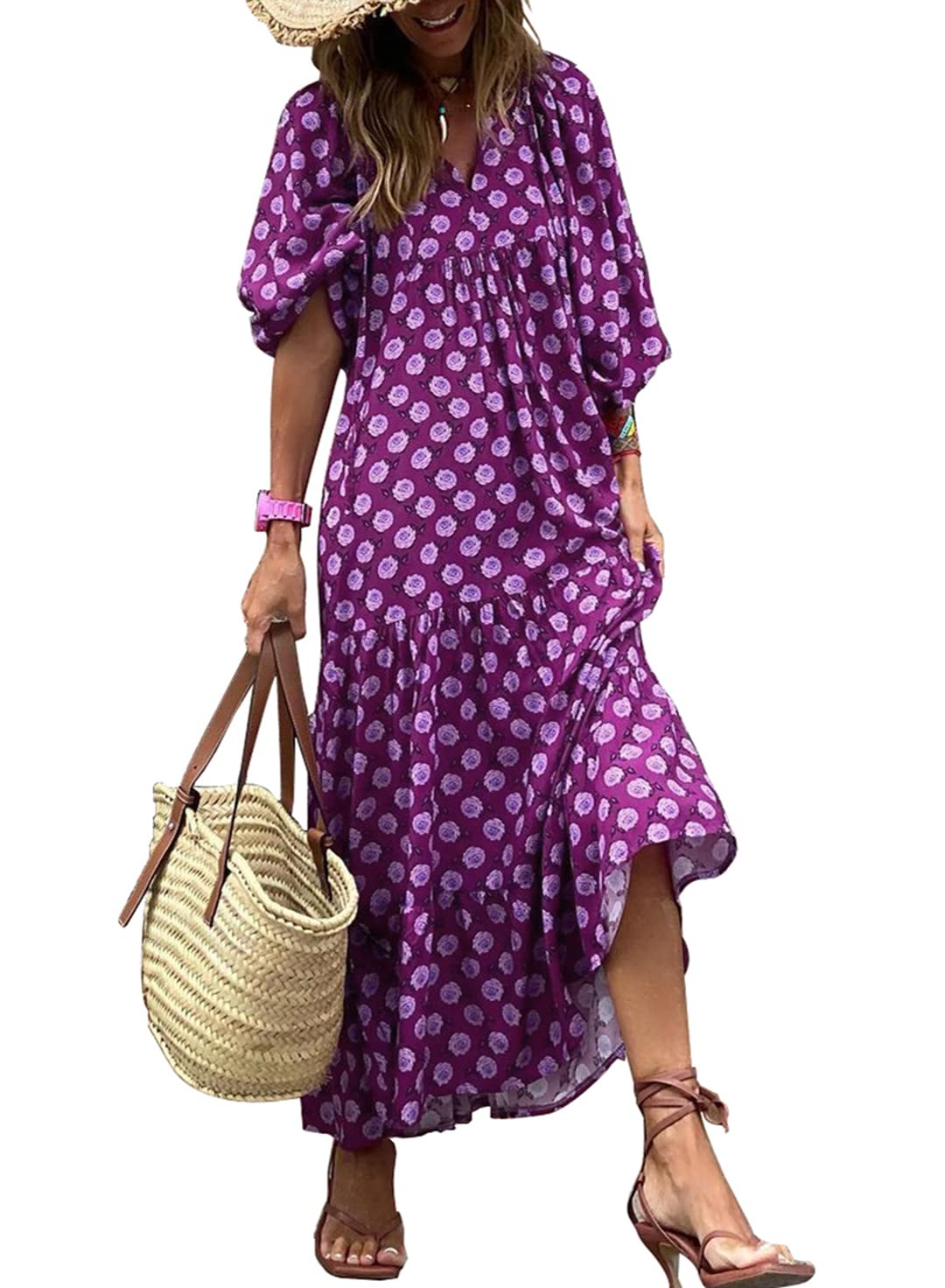 Women's Floral Boho Maxi Dress with Puff Sleeves