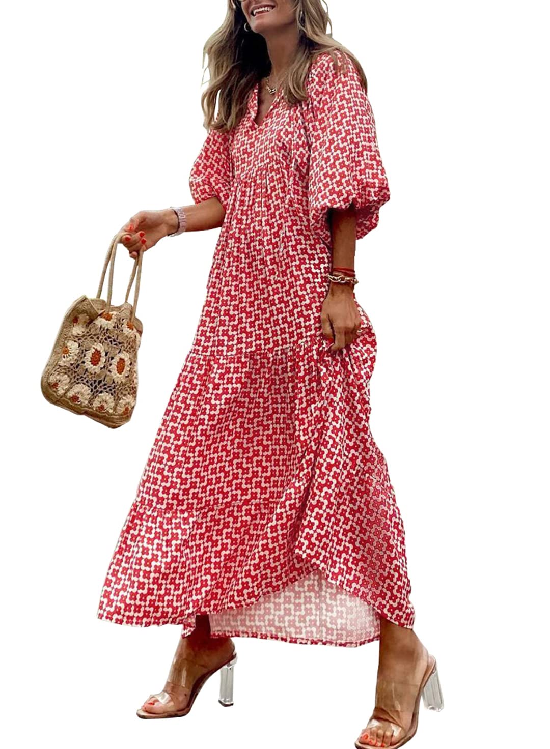 Women's Floral Boho Maxi Dress with Puff Sleeves