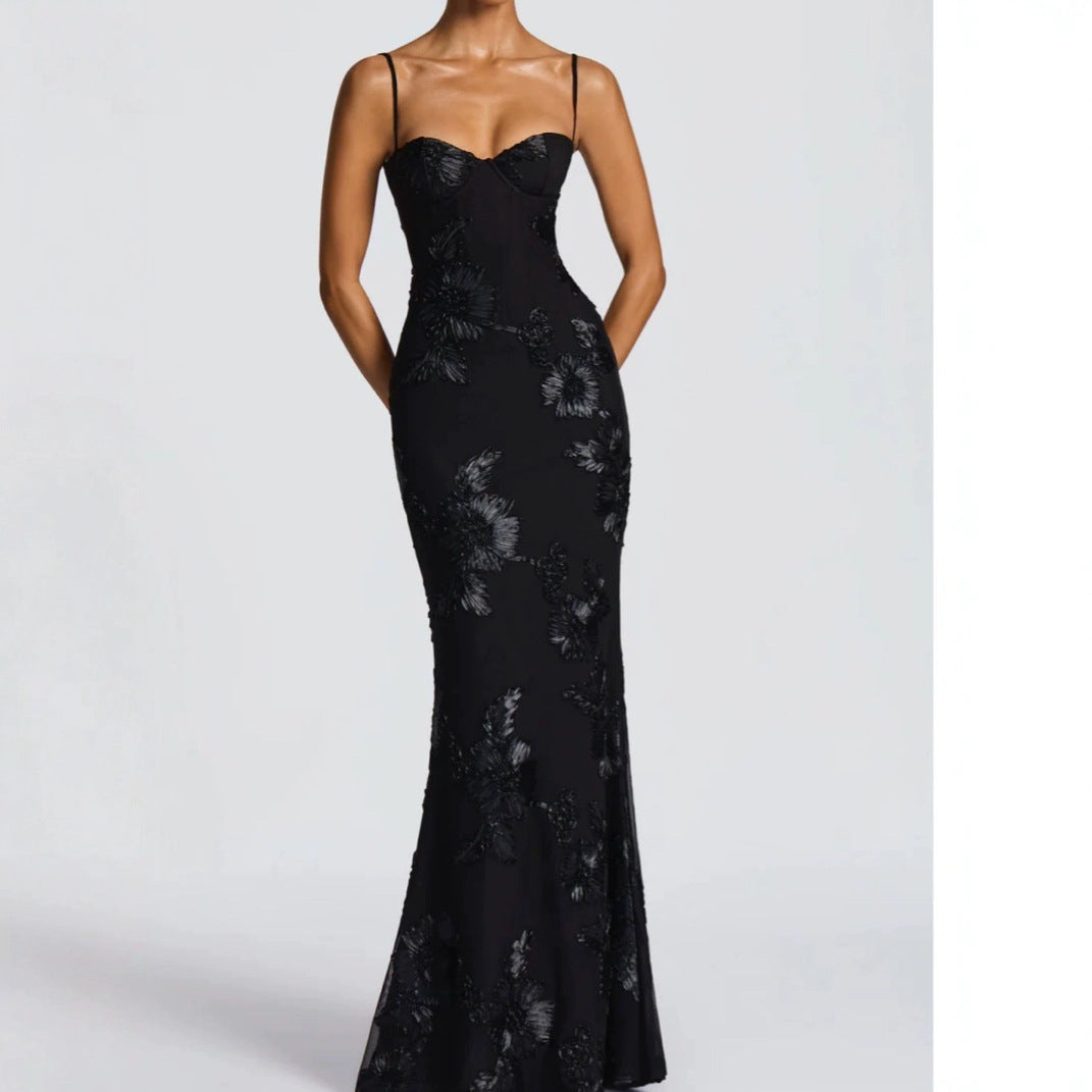 Women's Floral Embroidered Strapless Maxi Evening Gown