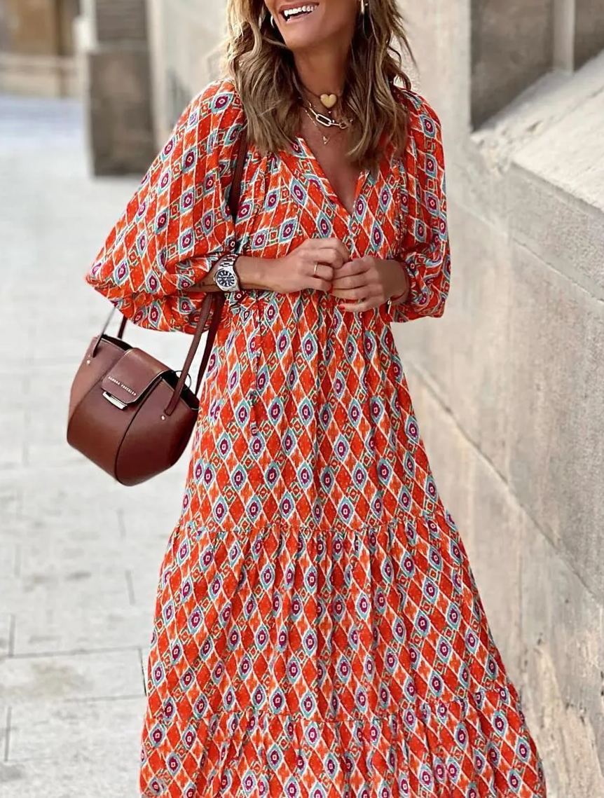 Women's Floral Boho Maxi Dress with Puff Sleeves