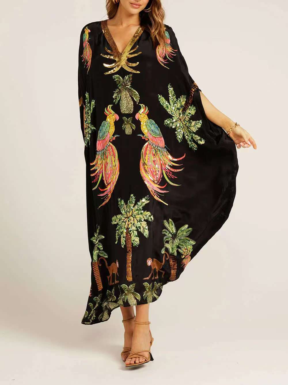 Women's Tropical Print V-Neck Maxi Dress with Relaxed Fit