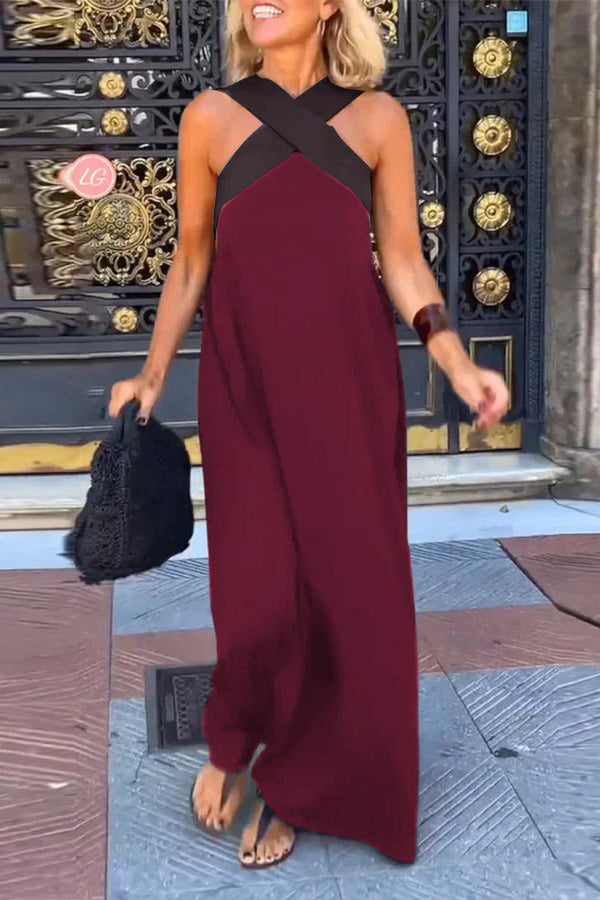 Women's Cross Back Sleeveless Maxi Dress with Halter Neck
