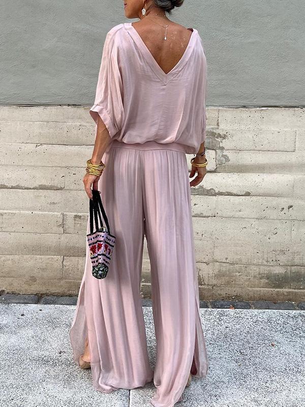 Elegant Chiffon Wide Leg Pants & V-Neck Two-Piece Set