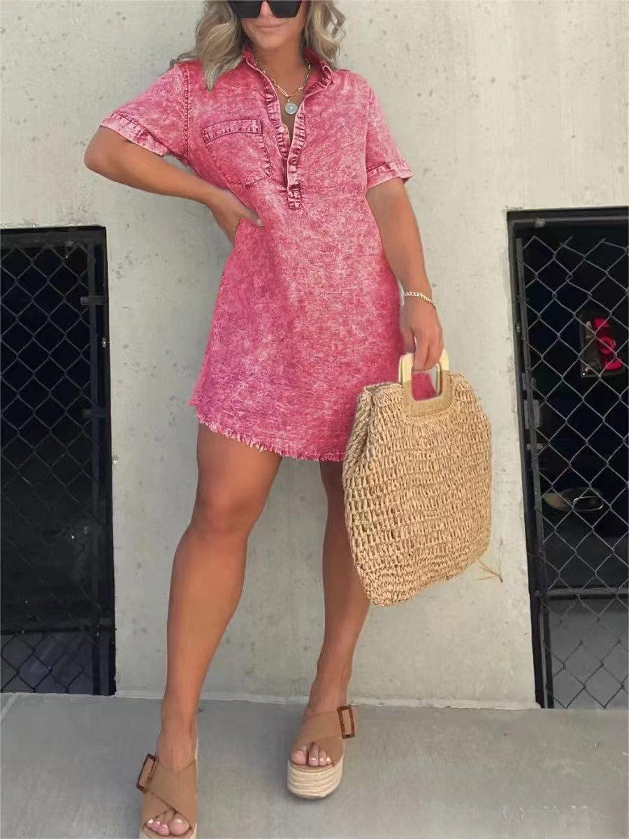 Women's Short Sleeve Button Front Denim Shirt Dress