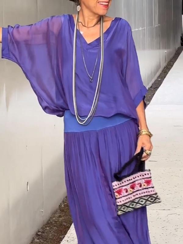 Elegant Chiffon Wide Leg Pants & V-Neck Two-Piece Set
