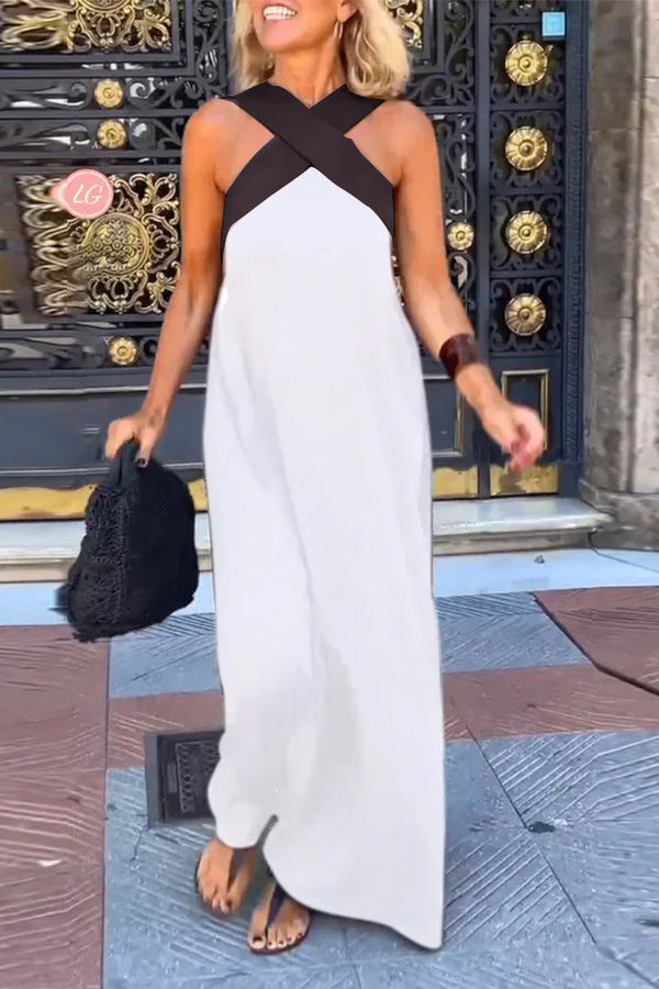 Women's Cross Back Sleeveless Maxi Dress with Halter Neck