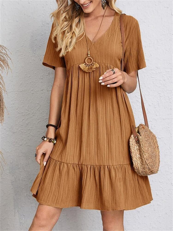 VintageMuse – Damen-Boho-Minikleid mit V-Ausschnitt und Rüschensaum