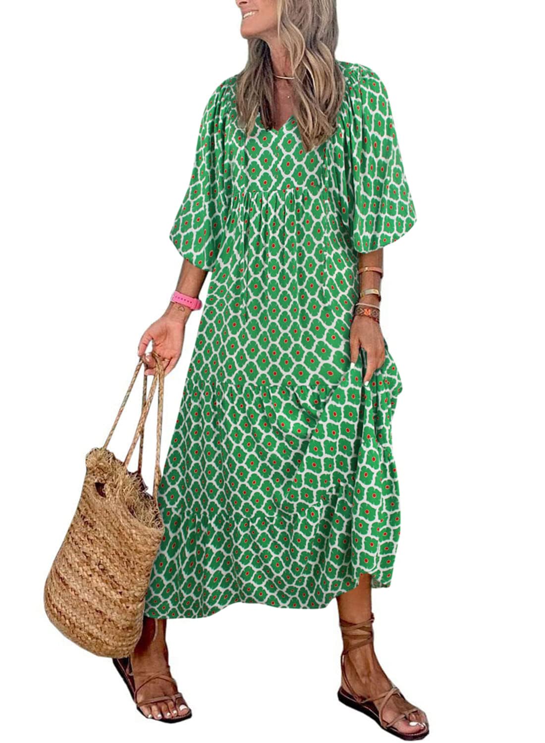 Women's Floral Boho Maxi Dress with Puff Sleeves