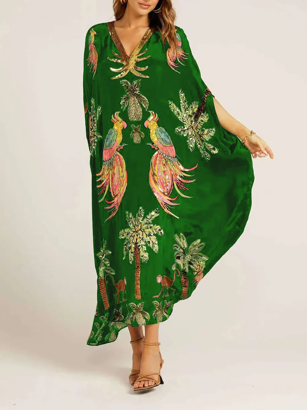 Women's Tropical Print V-Neck Maxi Dress with Relaxed Fit