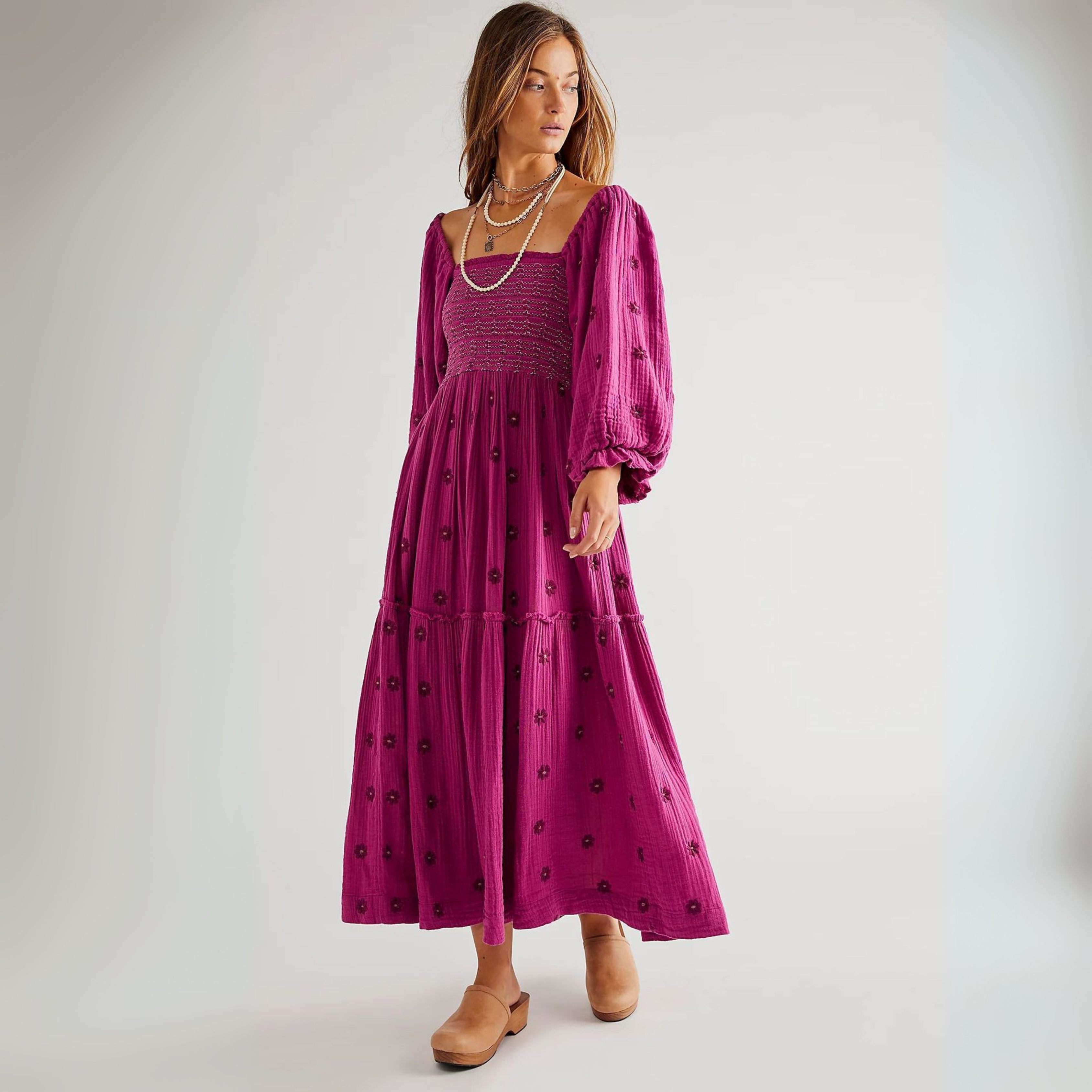 Moira - Comodo abito maxi a fiori con maniche a lanterna e scollo quadrato