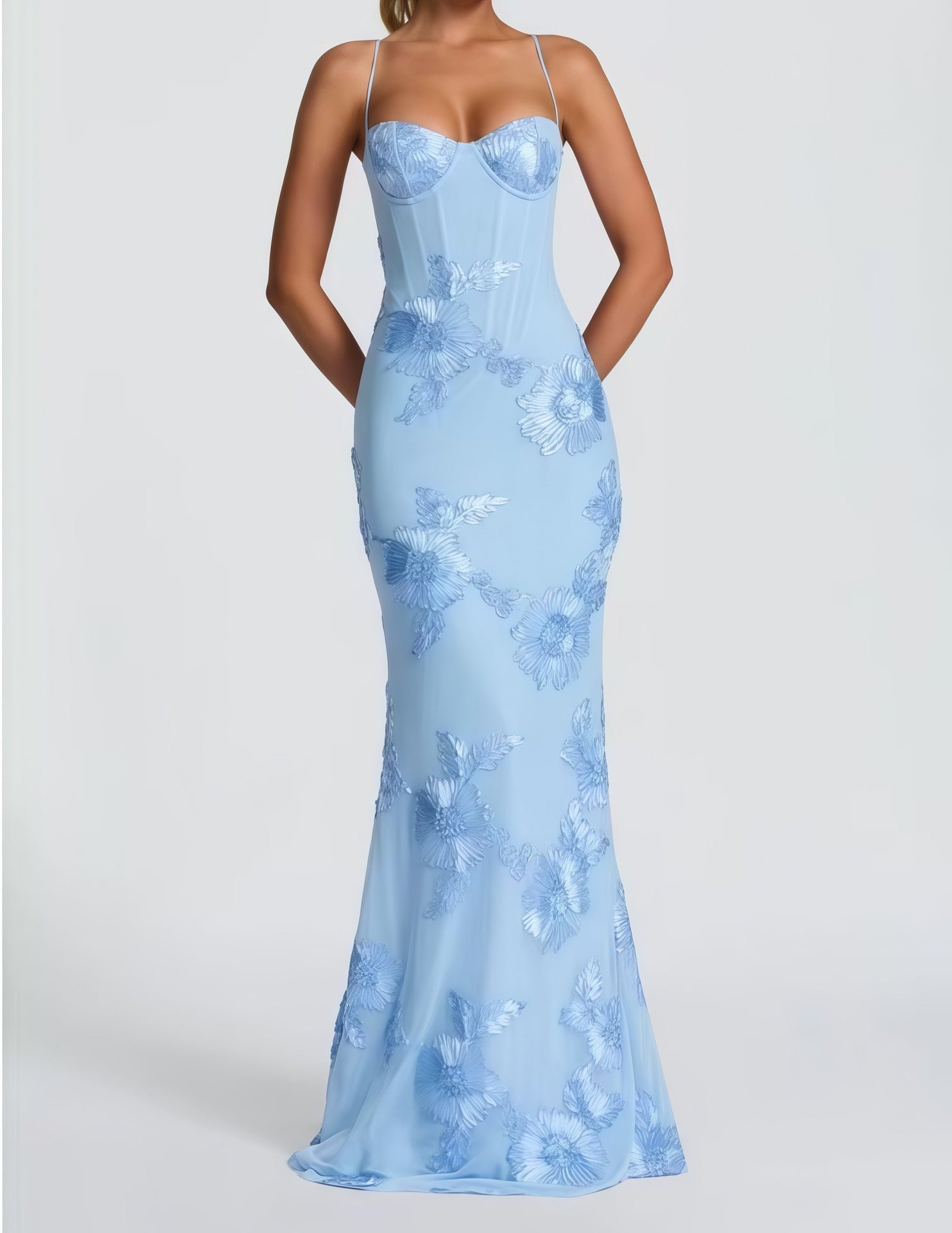 Women's Floral Embroidered Strapless Maxi Evening Gown