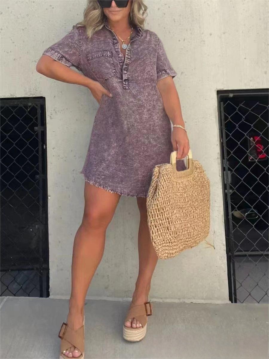Women's Short Sleeve Button Front Denim Shirt Dress
