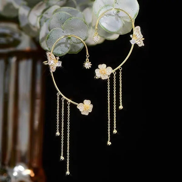 GlowLuxe — Floral Ear Cuff Earrings with Crystal Accents and Tassel Design