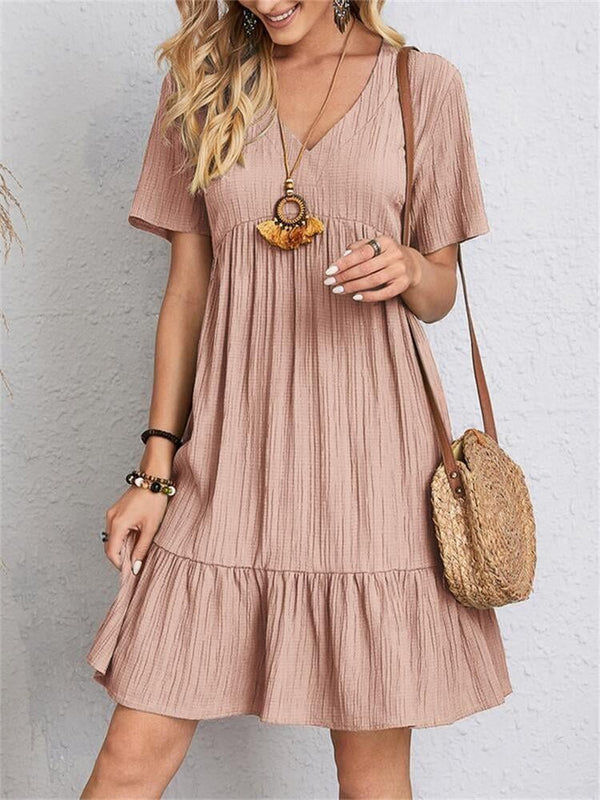 VintageMuse – Damen-Boho-Minikleid mit V-Ausschnitt und Rüschensaum