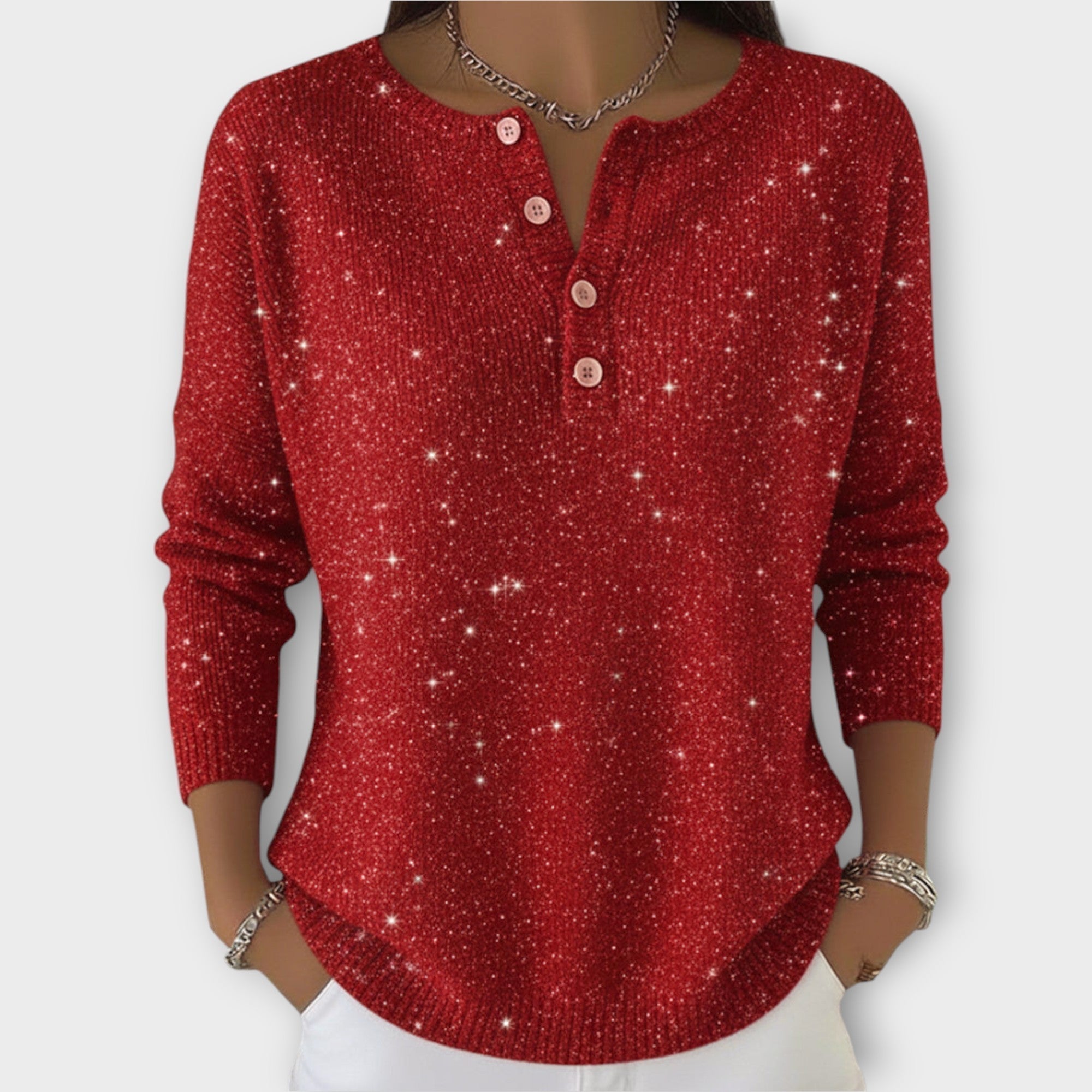 Pletený Henley top s knoflíky a třpytivým efektem
