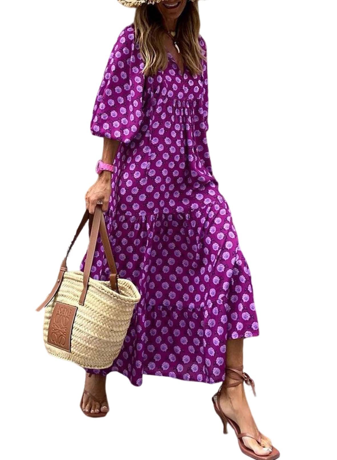 Women's Floral Boho Maxi Dress with Puff Sleeves