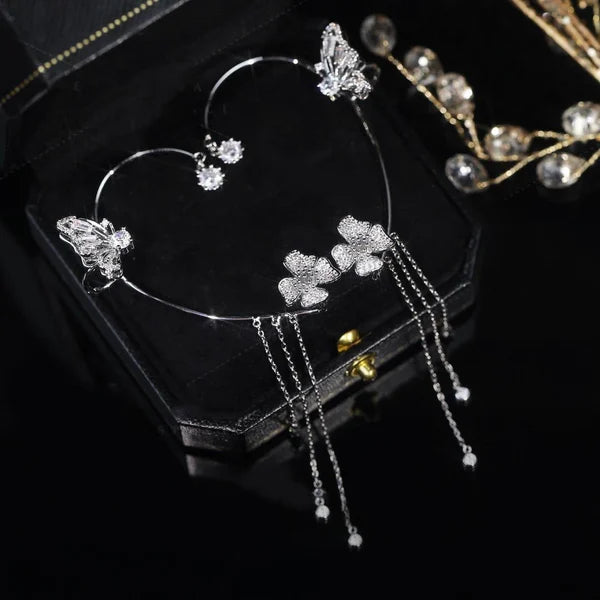 GlowLuxe — Floral Ear Cuff Earrings with Crystal Accents and Tassel Design