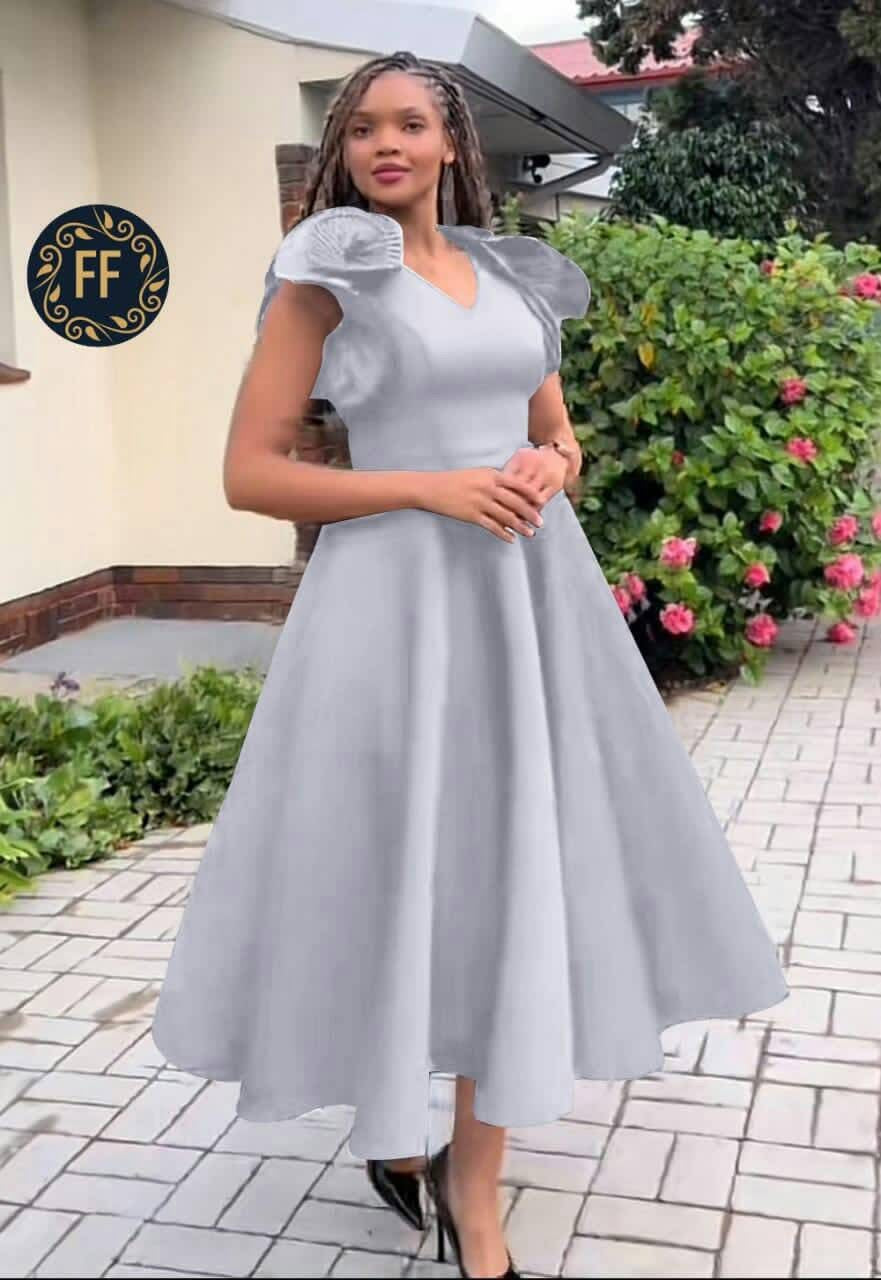 Women's Ruffle Sleeve V-Neck A-Line Midi Dress