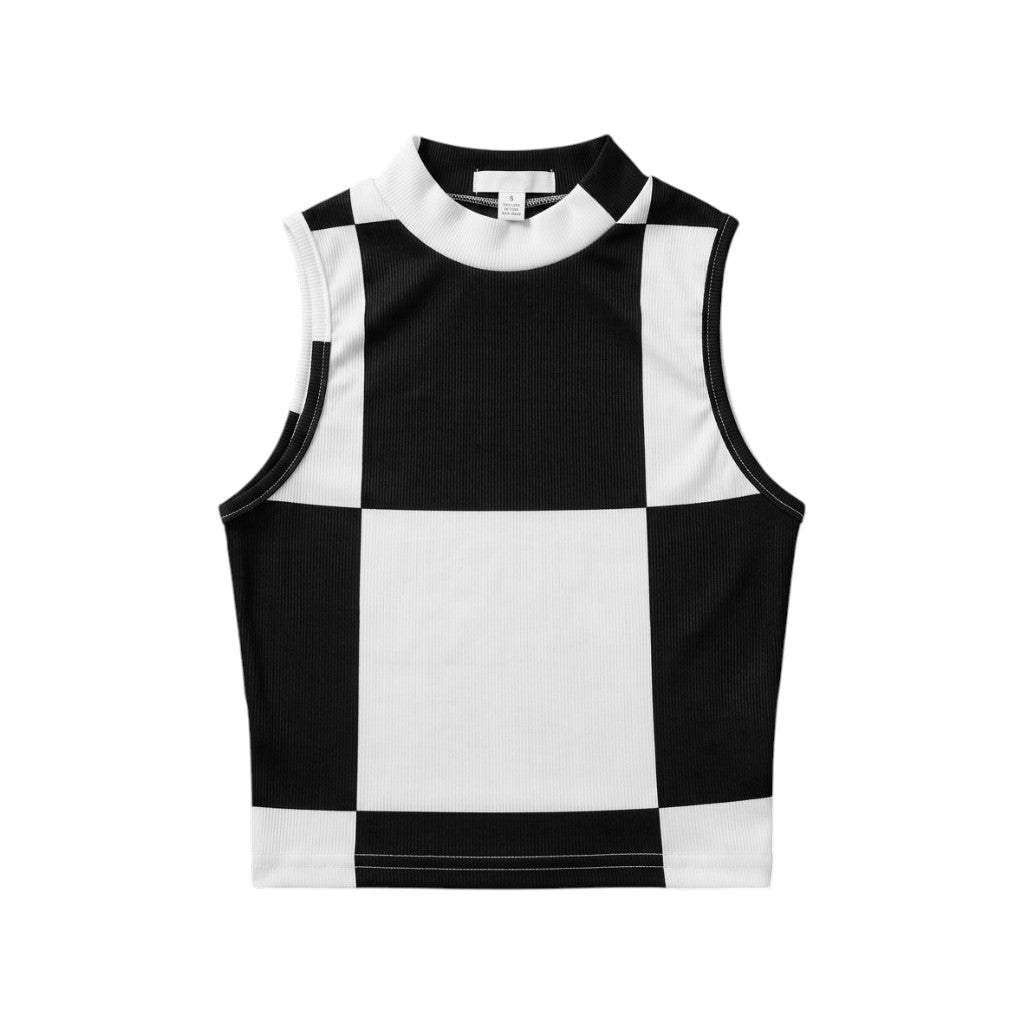 Women's Checkered Ribbed Sleeveless Mock Neck Crop Top