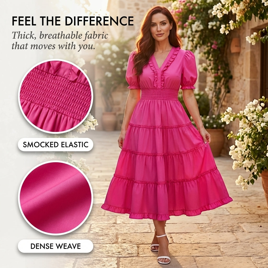 Tiearrla - Smocked Waist Puff Sleeve Tiered Flowy Midi Dress