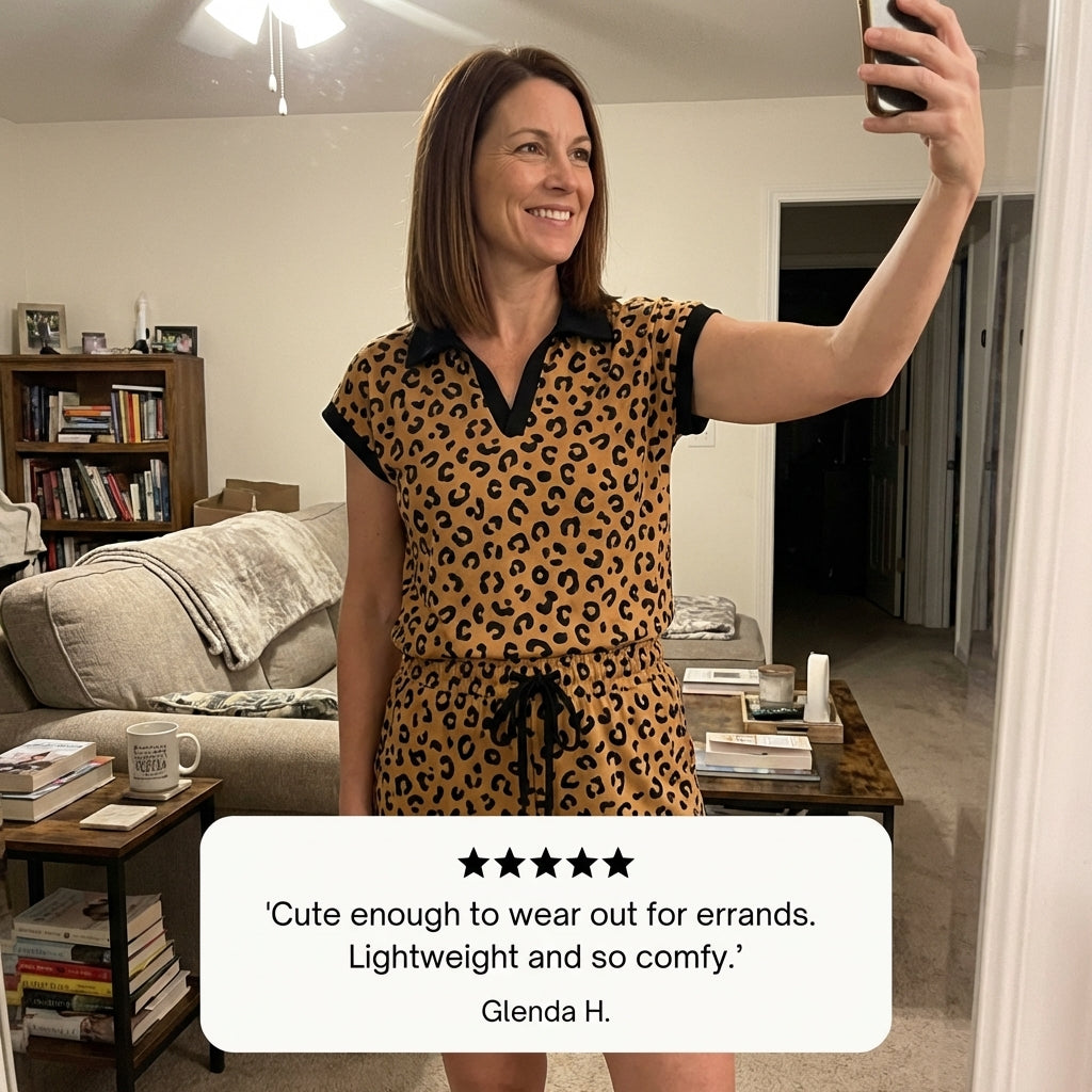 Linvale – Loungewear-Set mit Leopardenmuster: Polo-Oberteil & Shorts mit Kordelzug
