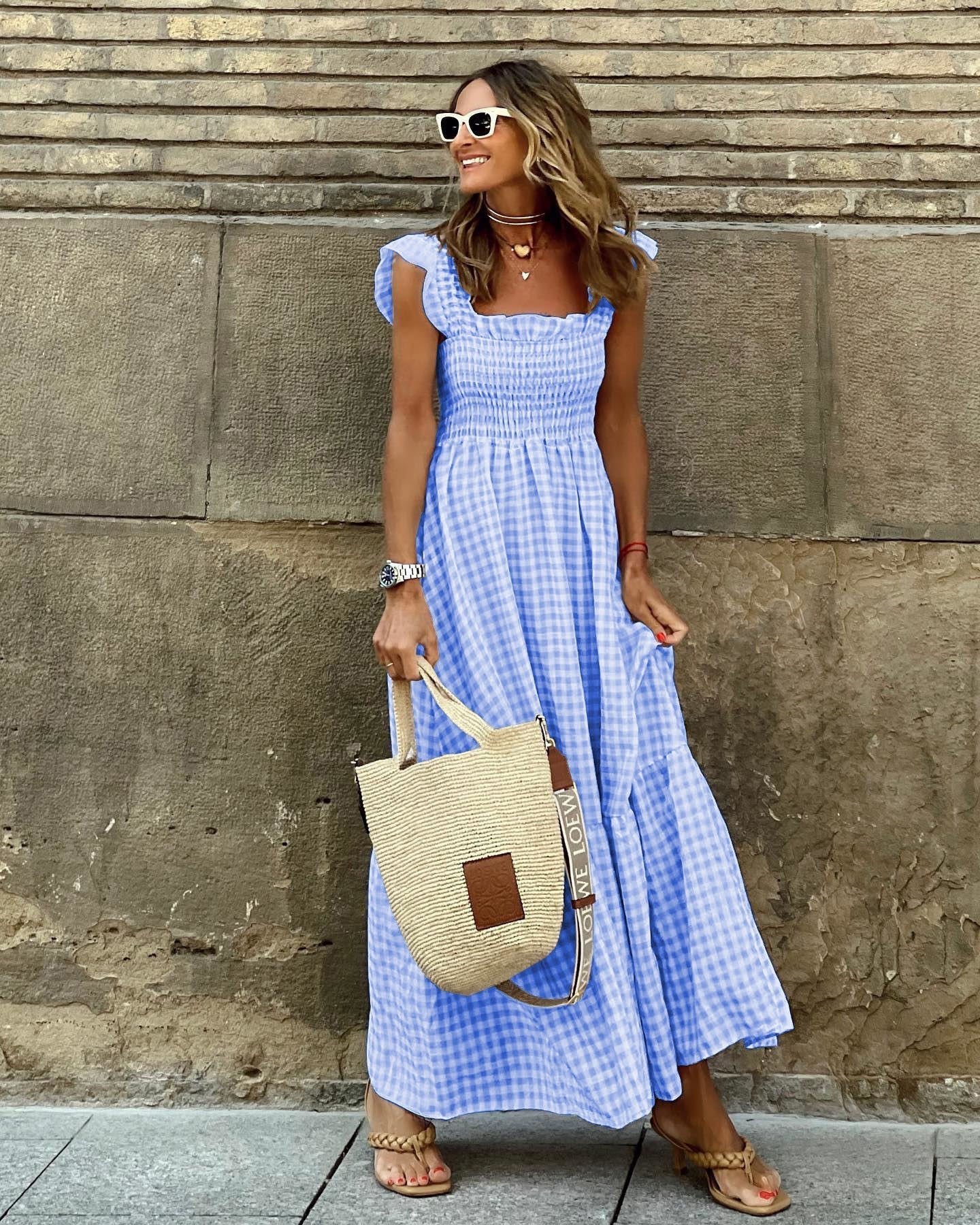 Nancy - Chic retro kostkované dámské maxi šaty se žabičkováním