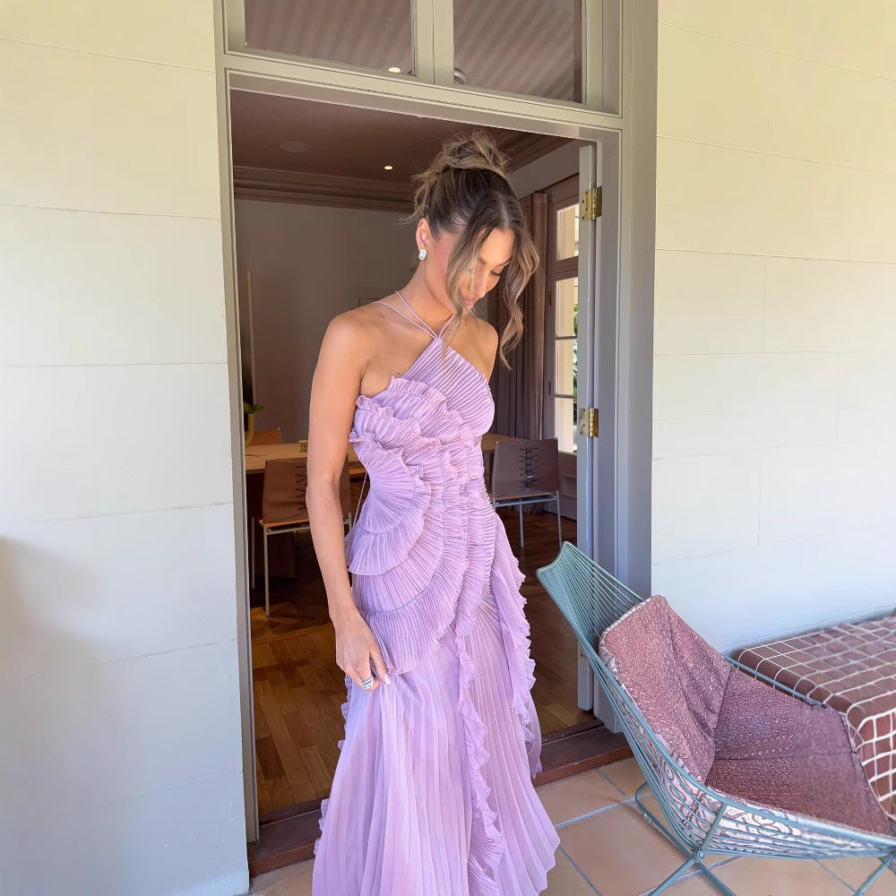 Regine - Elegant Halter Neck Lotus Summer Maxi Dress