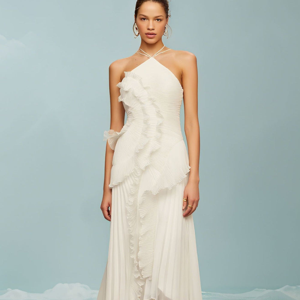 Regine - Elegant Halter Neck Lotus Summer Maxi Dress