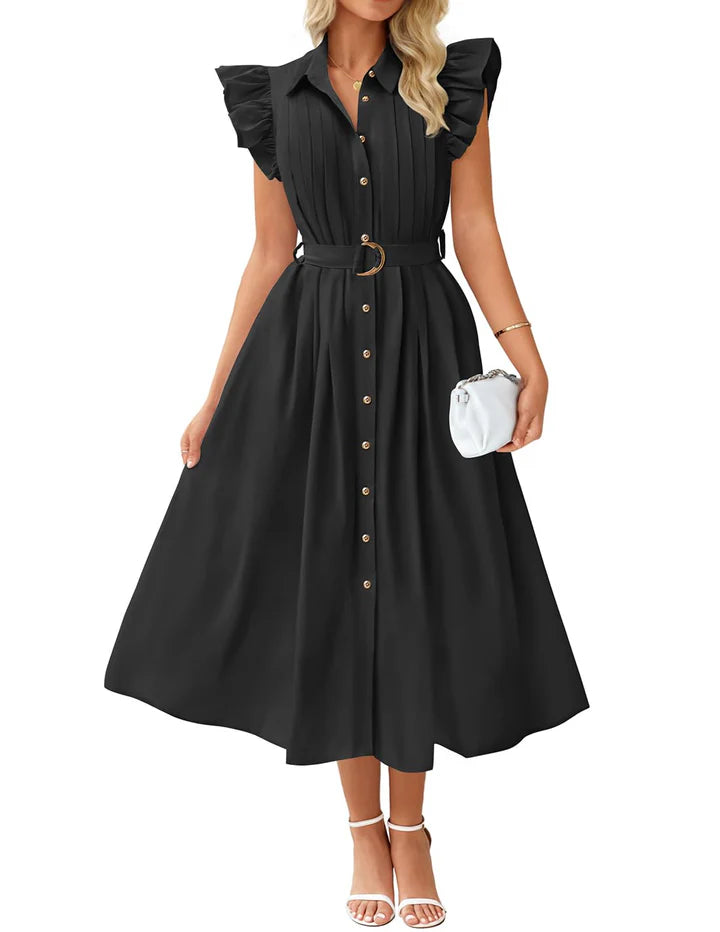 Women's Belted Button-Up Midi Shirt Dress