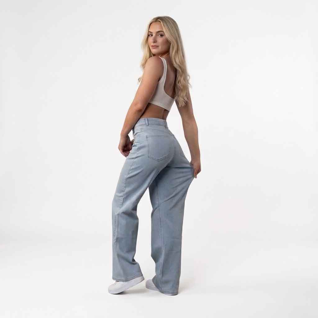Jeans da donna in denim a vita media con gamba ampia
