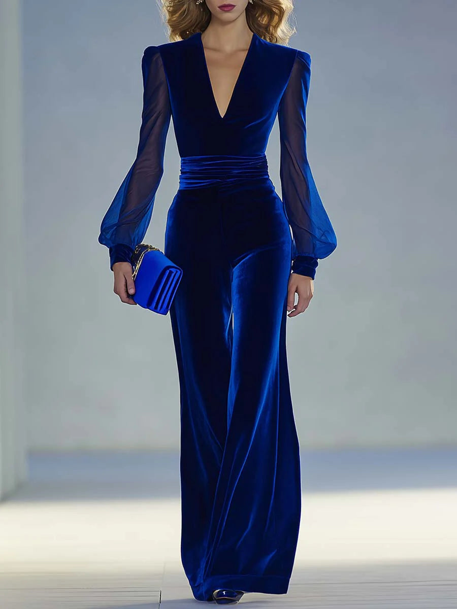 Trisha - Eleganter Veloursleder-Jumpsuit mit V-Ausschnitt