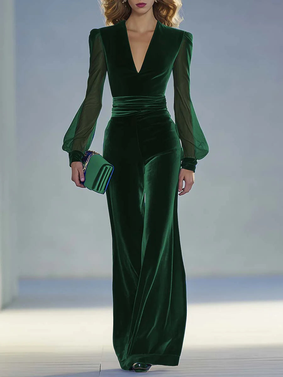 Trisha - Eleganter Veloursleder-Jumpsuit mit V-Ausschnitt