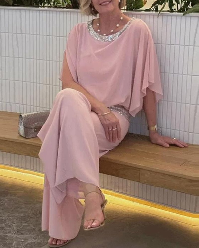 Women's Sequin Accent Two-Piece Wide Leg Pants Set
