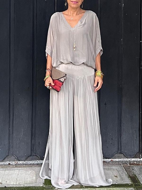 Elegant Chiffon Wide Leg Pants & V-Neck Two-Piece Set