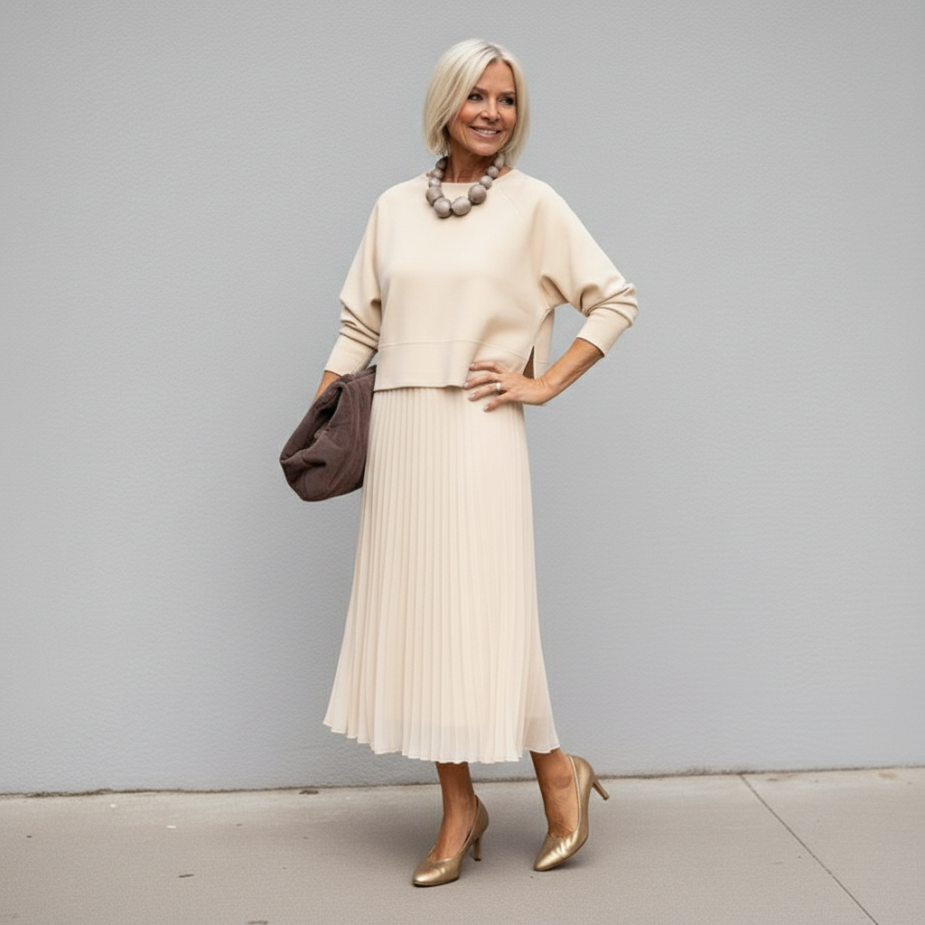 Emmie - Elegantní dvoudílný komplet, vrstvené pletené šaty pro nenucený styl