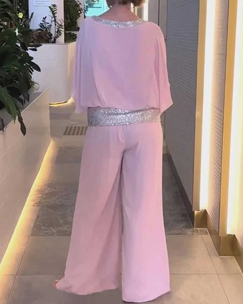 Women's Sequin Accent Two-Piece Wide Leg Pants Set