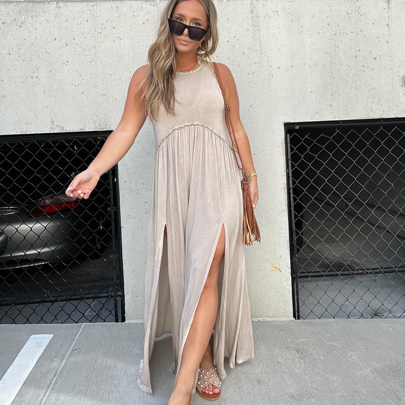 Women's Sleeveless Maxi Dress with Side Slit and Racerback