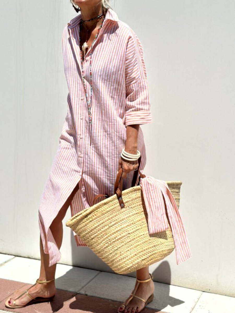 Women's Striped Button-Up Shirt Dress with Relaxed Fit