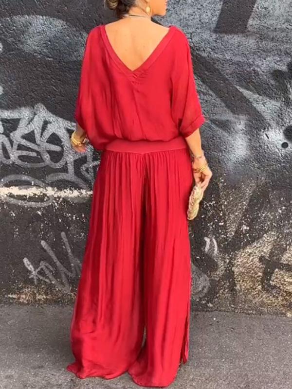 Elegant Chiffon Wide Leg Pants & V-Neck Two-Piece Set