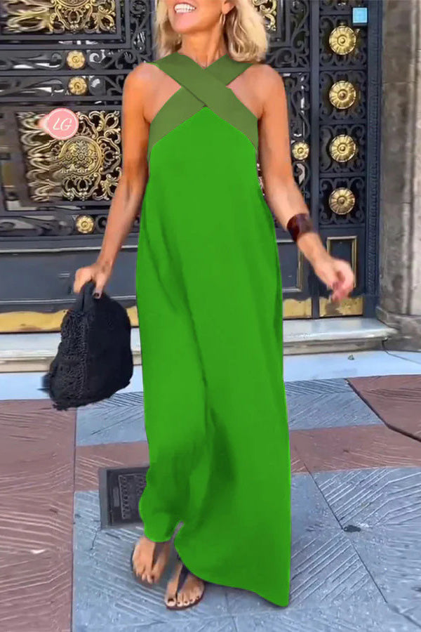 Women's Cross Back Sleeveless Maxi Dress with Halter Neck