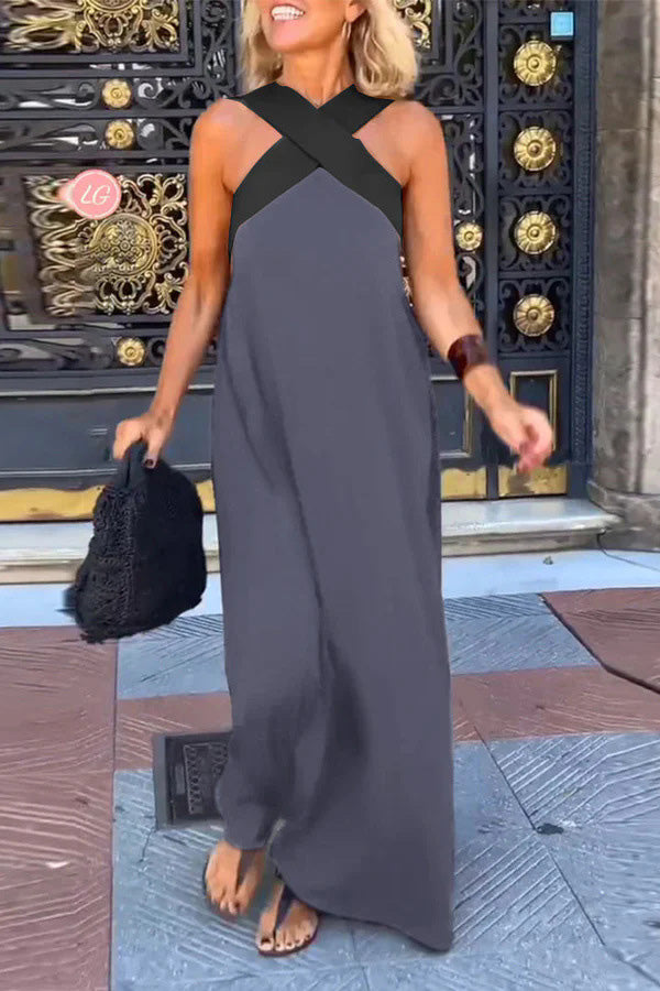 Women's Cross Back Sleeveless Maxi Dress with Halter Neck
