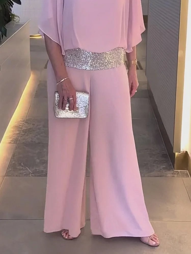 Women's Sequin Accent Two-Piece Wide Leg Pants Set